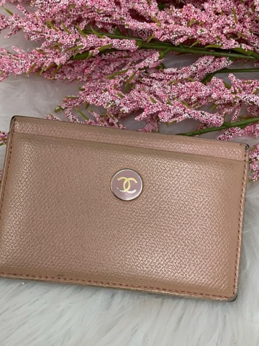 CHANEL Blush Pink Caviar Leather Button Card Holder with CC Medallion
